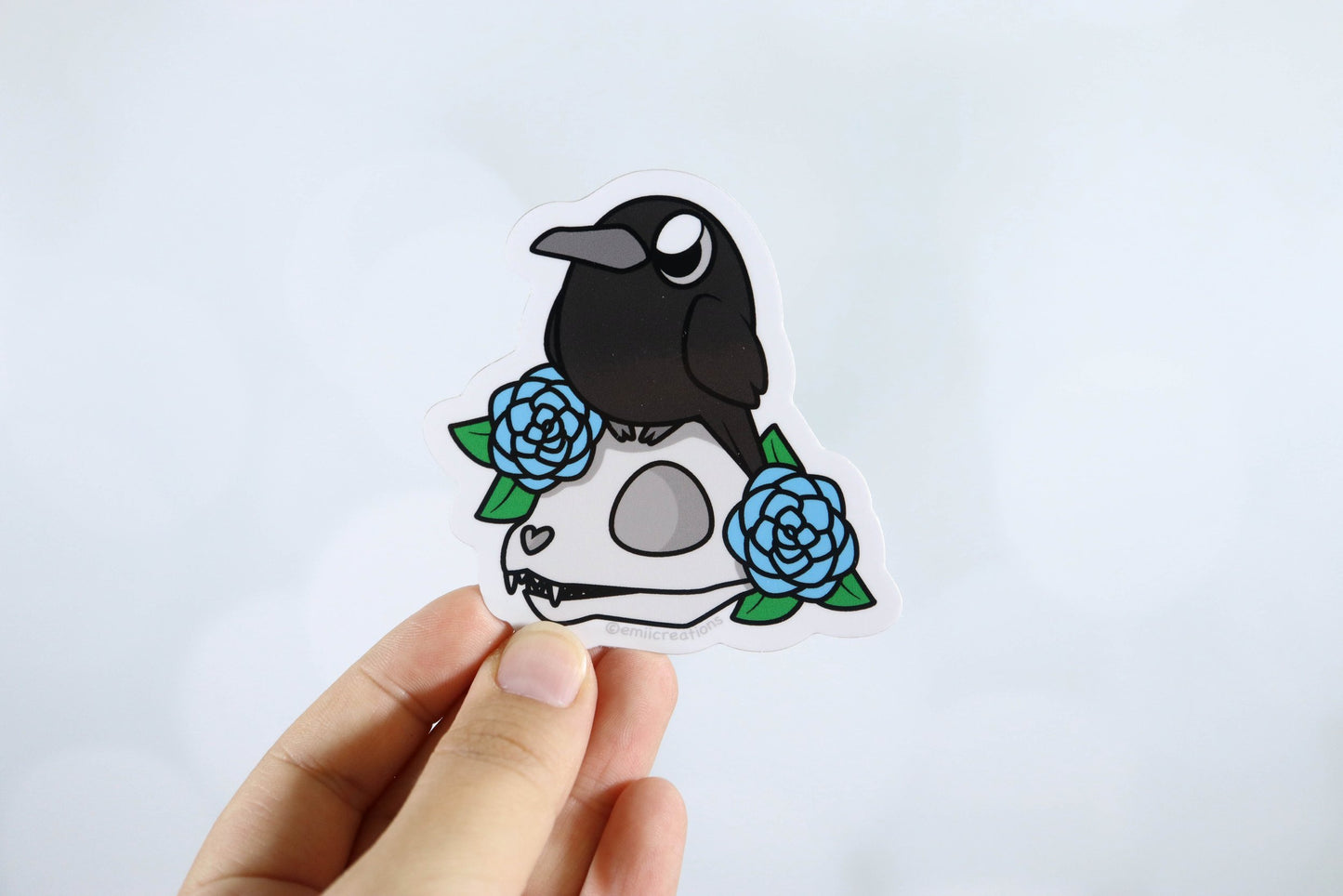Cute Crow with Skull and Blue Flowers Stickers
