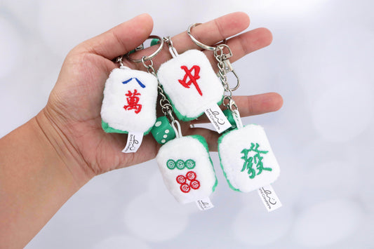 Cute Mahjong Tile Plush Keychain - Fa, Zhong, Bai, Ba Wan, Qi, and Mei Tiles