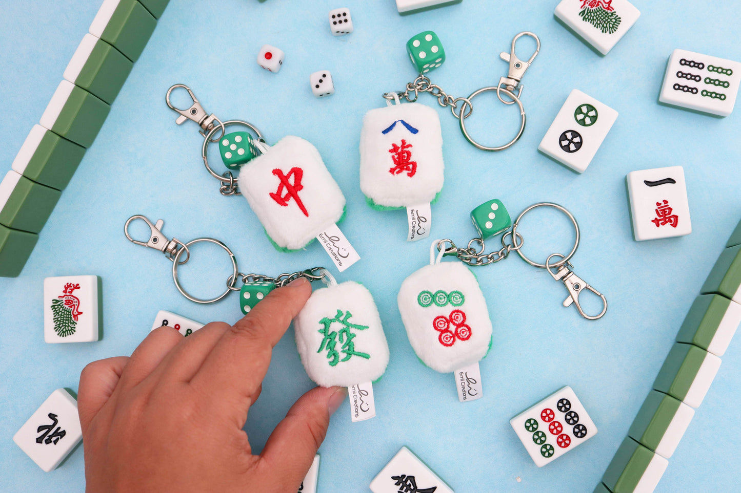 Cute Mahjong Tile Plush Keychain - Fa, Zhong, Bai, Ba Wan, Qi, and Mei Tiles