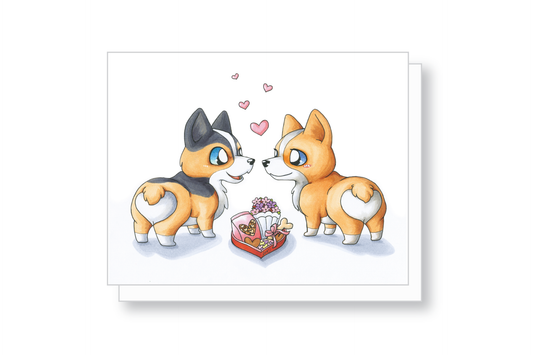 Corgi Love Card - Cute Tri and Red Corgis with a Valentine Box
