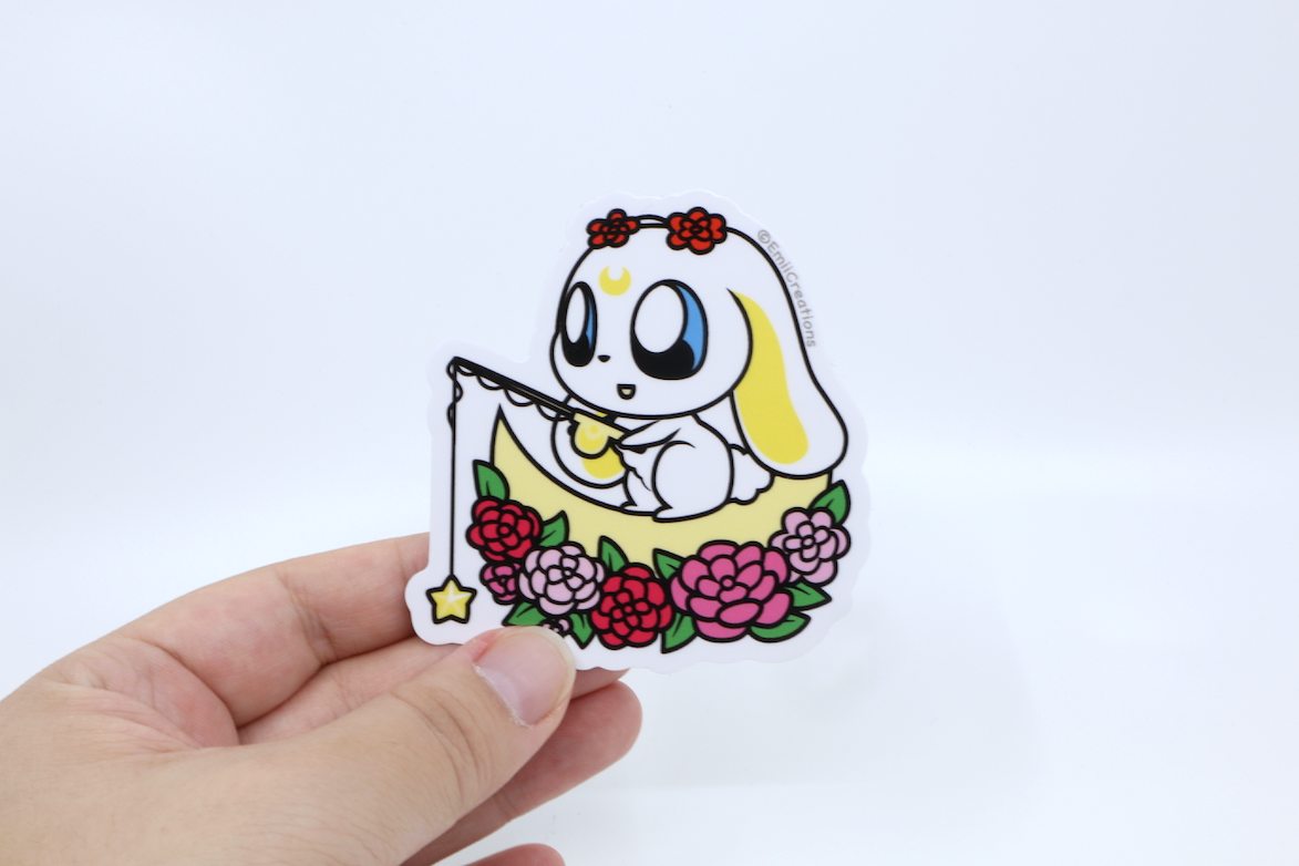 Cute Moon Bunny Sticker - Bunny on the Moon with Flowers and Star