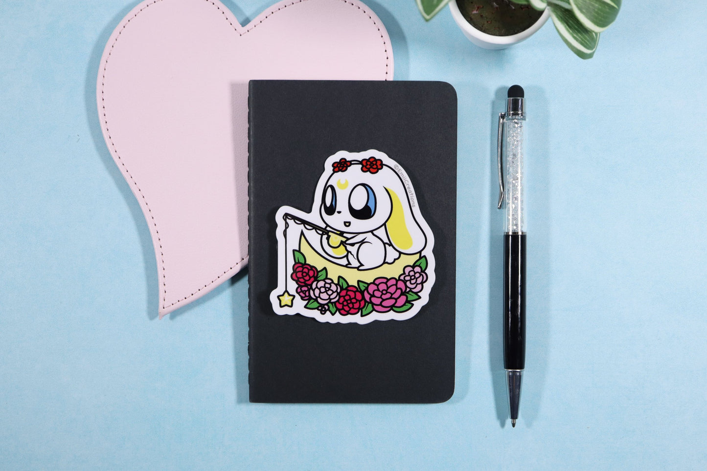 Cute Moon Bunny Sticker - Bunny on the Moon with Flowers and Star