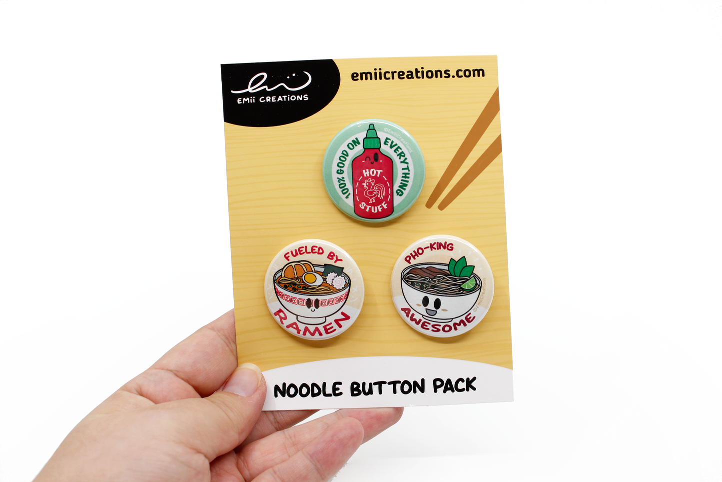 Punny Sriracha and Noodles Pin-Back Button Set