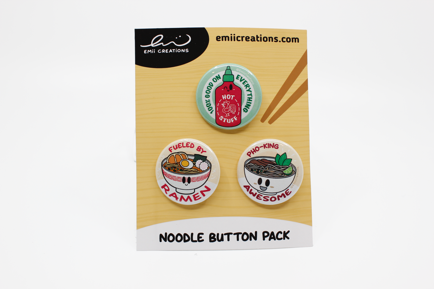 Punny Sriracha and Noodles Pin-Back Button Set