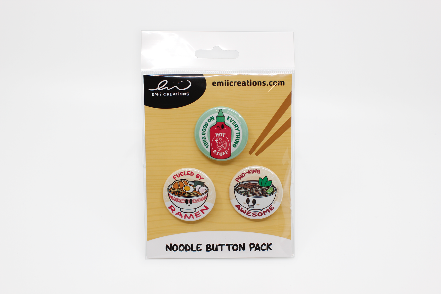 Punny Sriracha and Noodles Pin-Back Button Set