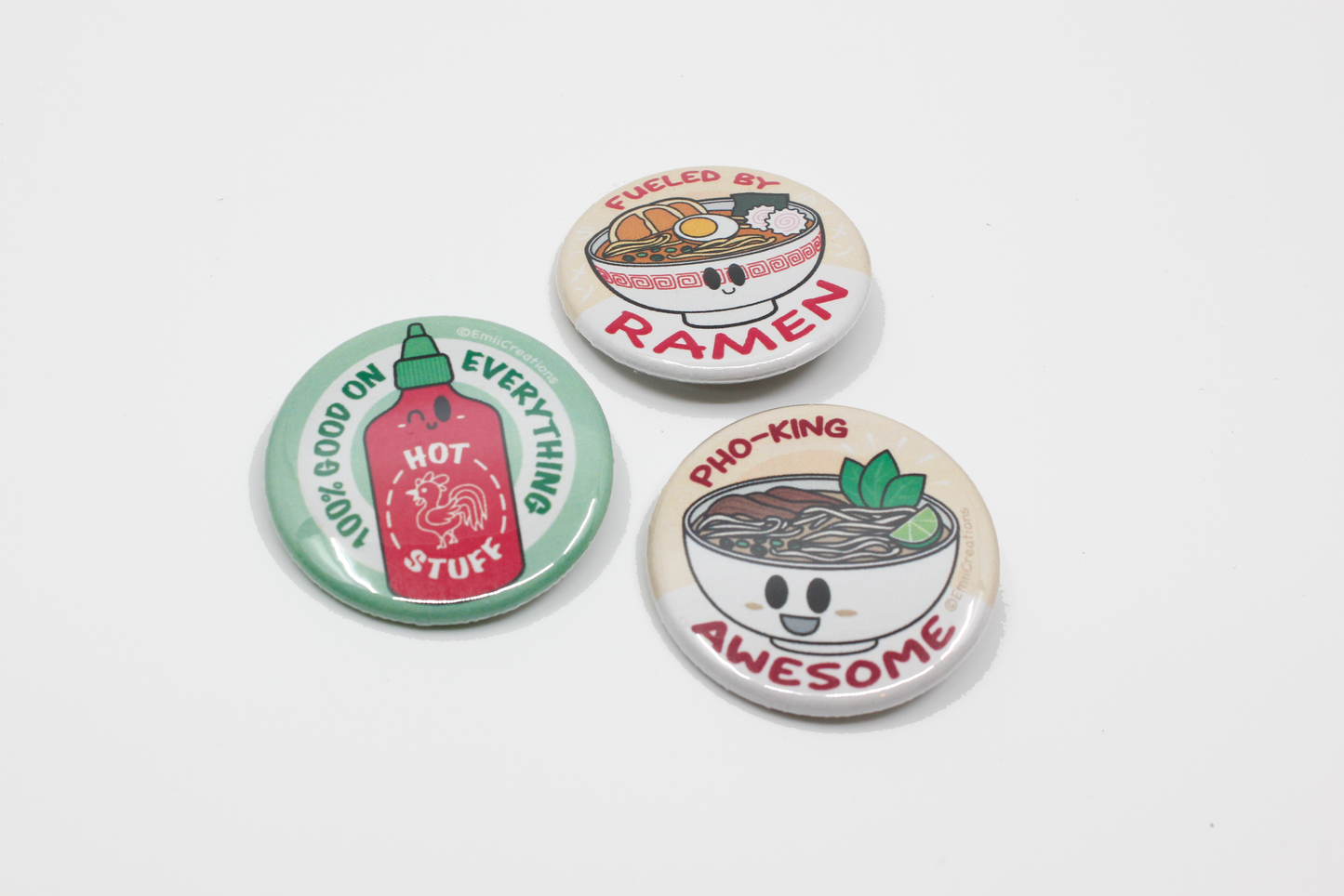 Punny Sriracha and Noodles Pin-Back Button Set