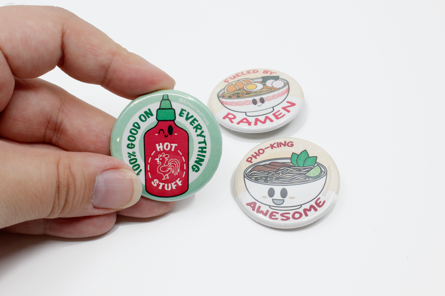 Punny Sriracha and Noodles Pin-Back Button Set