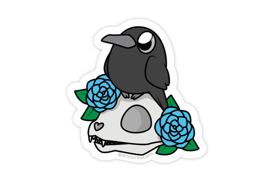 Cute Crow with Skull and Blue Flowers Stickers