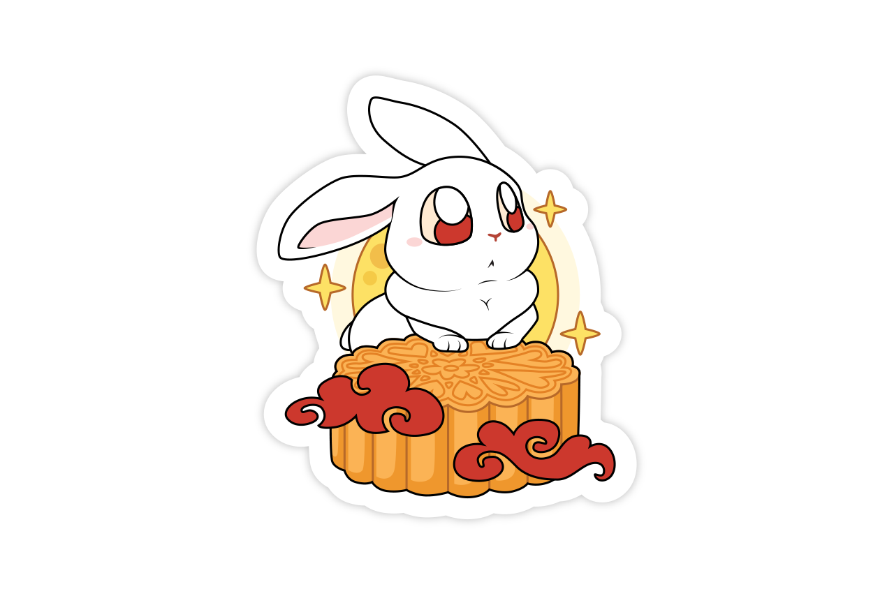 Moon Cake Bunny Sticker - Cute White Rabbit Asian Themed for Mid-Autumn Moon Festival