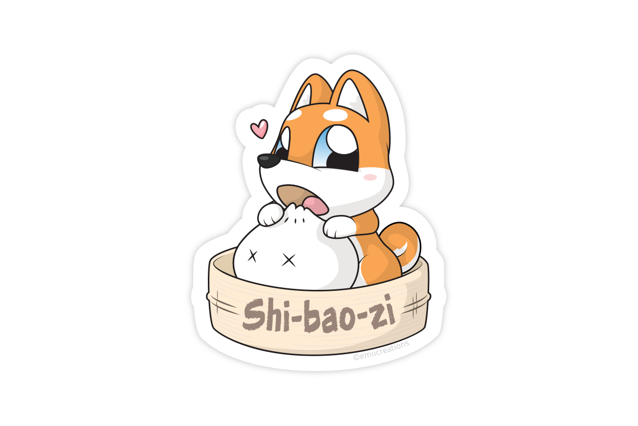 Shi-Bao-Zi Sticker - Cute Shiba Inu Dog eating a Bao in a Steamer, Asian Themed Food