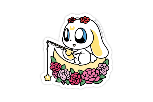 Cute Moon Bunny Sticker - Bunny on the Moon with Flowers and Star