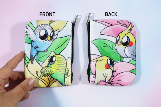 Bird Lovers' Coin Purse Pouch: Cockatiels and Budgies in Floral Bliss